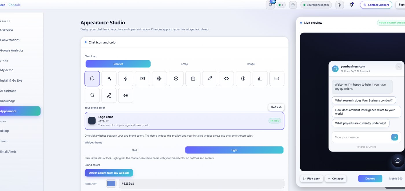 The Qovarra Appearance Studio: choose a chat icon, brand colors and light or dark theme, with a live preview of the widget updating as you edit.