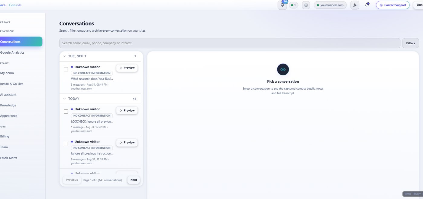 The Qovarra console Conversations page: a visitor's live transcript, tags, and a human agent taking over the chat mid-conversation.