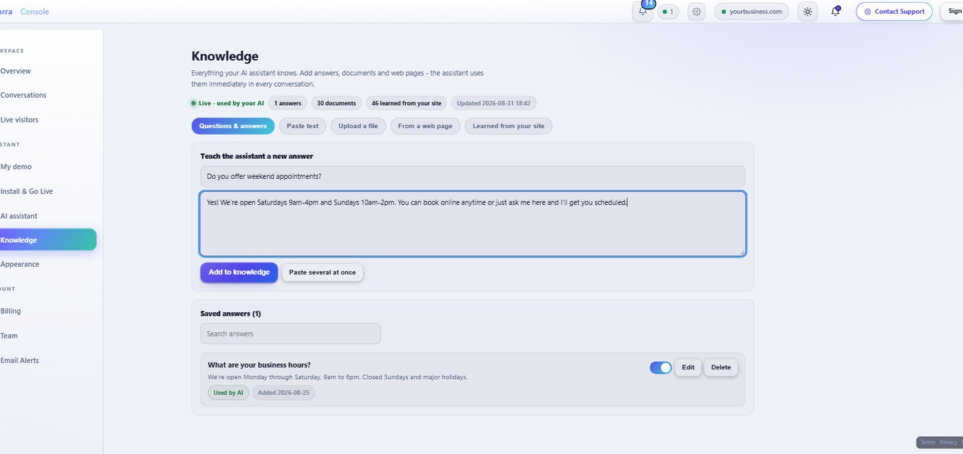 The Qovarra console Knowledge page: teach the assistant new answers, or add documents, web pages and pages learned from your site.